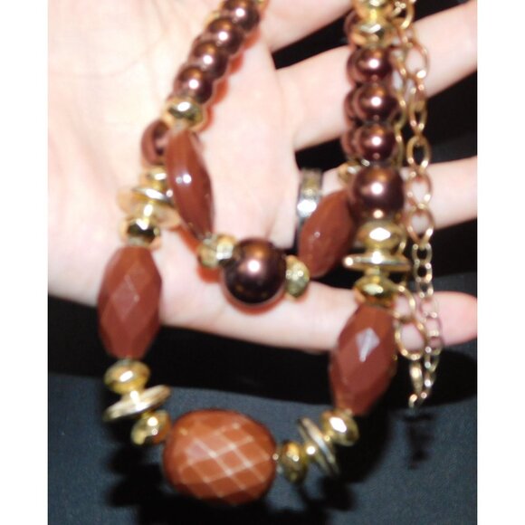 Vintage Rustic Glam Brown And Gold Tone Layered Beaded Necklace - Picture 3 of 3